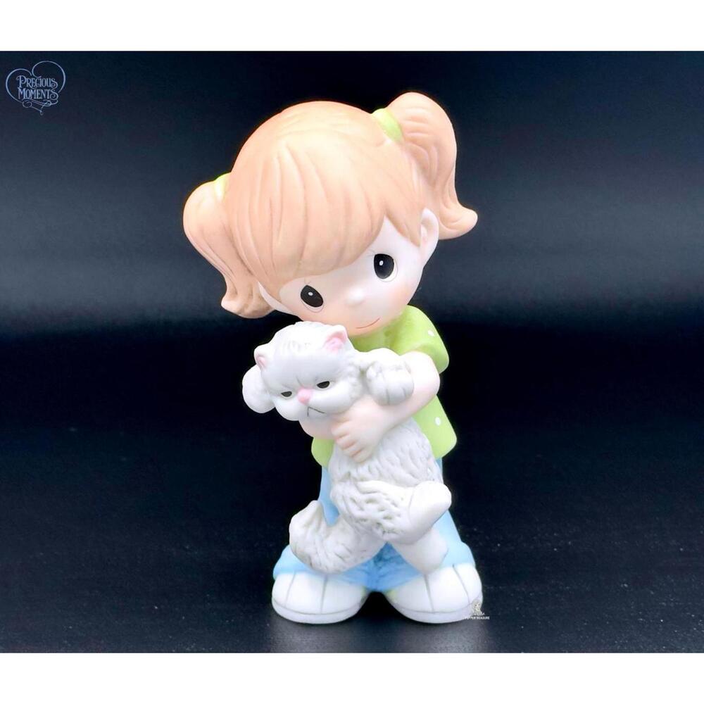 Rare Precious Moments Collectible Figurine Girl Hugging Fluffy Cat - Vintage